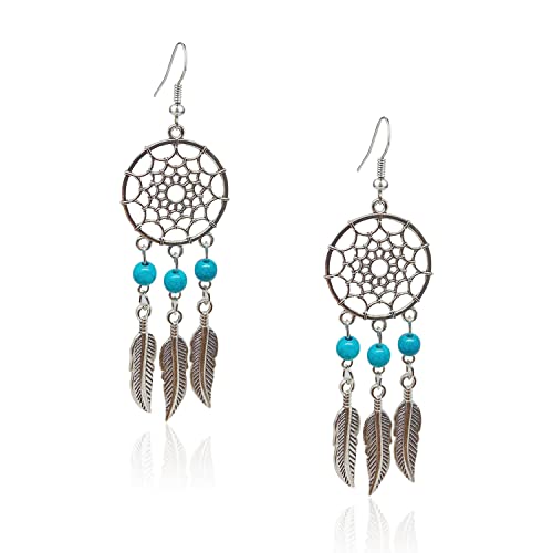 KaFu Woman Retro Silver BOHO Style Metal Dangle Drop Earrings Dream Catcher Statement Feather Dangle Tassels Turquoise Earrings for Women Girls - color: Silver-3