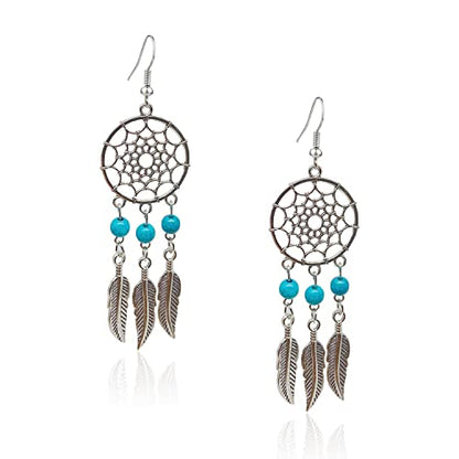 KaFu Woman Retro Silver BOHO Style Metal Dangle Drop Earrings Dream Catcher Statement Feather Dangle Tassels Turquoise Earrings for Women Girls - color: Silver-3