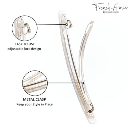 French Amie Long and Thin Frost White Large 4 Inch Hair Clip Barrette | Handmade Automatic Clasp For Women Girls Teens Adults Everyday Style - color: Frost White