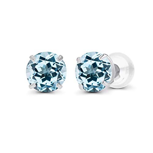 Solid 14K Yellow, White or Rose Gold 4mm Round Genuine Gemstone Birthstone Prong Set Stud Earrings For Women - color: Blue Topaz-Sky Blue Topaz