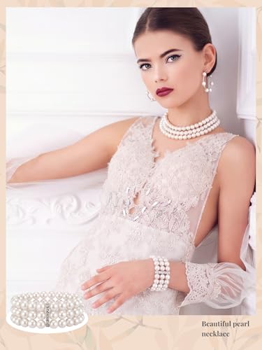 BBTO 8 Pcs Pearl Necklace and Earring Set for Women Faux Pearl Bracelet Costume Jewelry Set for Wedding Bridal Shower Party - style: Chic Style