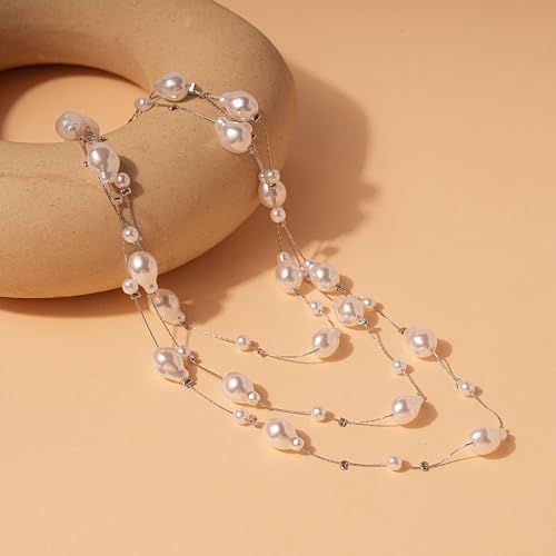 Pearls Necklaces for Women-18K Gold Plated Layered Gold Pearl Necklaces Dainty White Pearls Choker Necklace Chain Pearl Necklace for Women Elegant Valentines Gifts - color: Silver Pearl-1