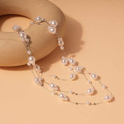 Pearls Necklaces for Women-18K Gold Plated Layered Gold Pearl Necklaces Dainty White Pearls Choker Necklace Chain Pearl Necklace for Women Elegant Valentines Gifts - color: Silver Pearl-1