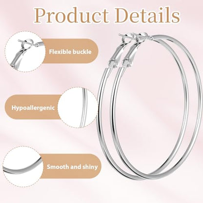 4 Pairs Stainless Steel Big Hoop Earrings for Women Gold Silver Rose Gold Black 2.3 Inch Large Circle Hoop Earrings