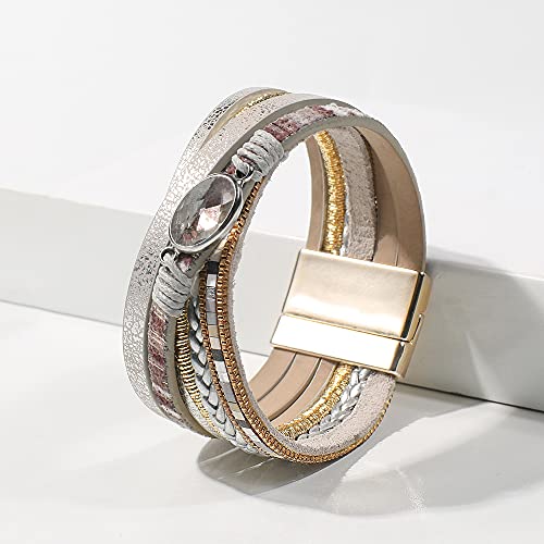 Vercret Leather Wrap Bracelet for Women, Multi-Layer Cuff Bangle | Boho Stacked Bracelets with Safe Clasp Western Bangle Jewelry Gift for Lady and Mom Sister Friend - style: Light Grey Leather Bracele