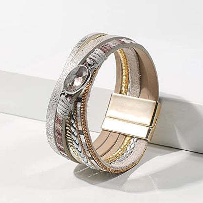 Vercret Leather Wrap Bracelet for Women, Multi-Layer Cuff Bangle | Boho Stacked Bracelets with Safe Clasp Western Bangle Jewelry Gift for Lady and Mom Sister Friend - style: Light Grey Leather Bracele