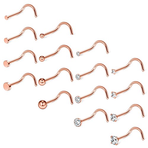 Ruifan 20G 18G Surgical Steel 1.5mm-3mm Flat Ball Clear Diamond CZ Nose Stud Rings Screw Piercing Jewelry 16-26PCS - color: 18G: 16PCS - Rose Gold