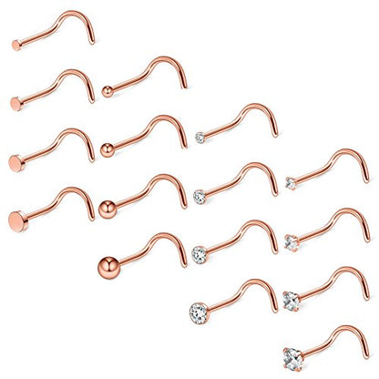 Ruifan 20G 18G Surgical Steel 1.5mm-3mm Flat Ball Clear Diamond CZ Nose Stud Rings Screw Piercing Jewelry 16-26PCS - color: 18G: 16PCS - Rose Gold