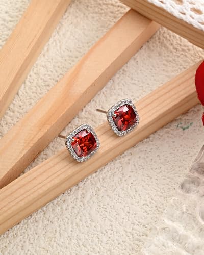 Square Cubic Zirconia Earrings Stud 7mm Birthstone Studs Earrings Hypoallergenic Princess Cut Earrings 925 Sterling Silver Post Studs Earrings for Women - color: Ruby