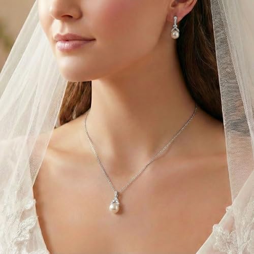 Mariell Pearl Drop Bridal Necklace Earrings Set with CZ Crystals for Bride, Bridesmaid, Birthday Gift - color: Silver Necklace Earrings Set