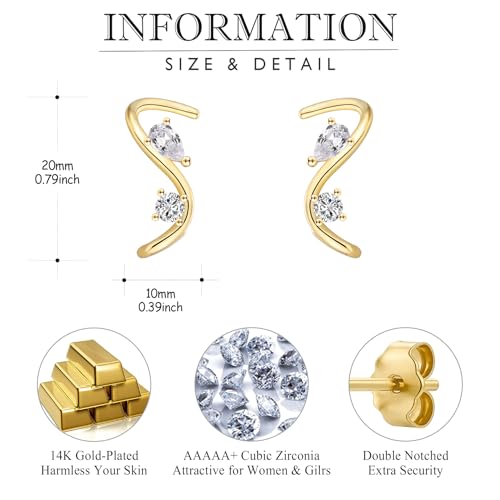 EPIRORA Earrings for Women Trendy, Dainty Geometric S-Shape Cubic Zirconia Stud Earrings for Women Hypoallergenic, Unique Jewelry Gift for Her on Valentine's Day, Birthday, Party - Silver & Gold - style: Gold