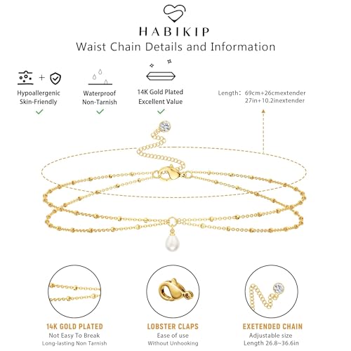 14K Gold Plated Layered Body Waist Chain for Women | Layered Waist Chain with CZ Heart and Pearl Pendant, Belly Chain Belt Jewelry for Women, Bikini Summer Beach Wear - style: Pear Waist Beads Chain