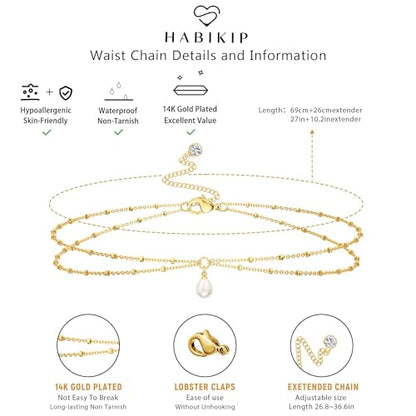 14K Gold Plated Layered Body Waist Chain for Women | Layered Waist Chain with CZ Heart and Pearl Pendant, Belly Chain Belt Jewelry for Women, Bikini Summer Beach Wear - style: Pear Waist Beads Chain