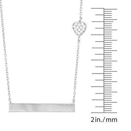 Horizontal Bar Necklace for Women, Sterling Silver or 14K Gold Plated Silver, Minimalist, CZ Diamond, Dainty Bar Pendant - Unique Jewelry Gift - style: Heart Accent - Silver