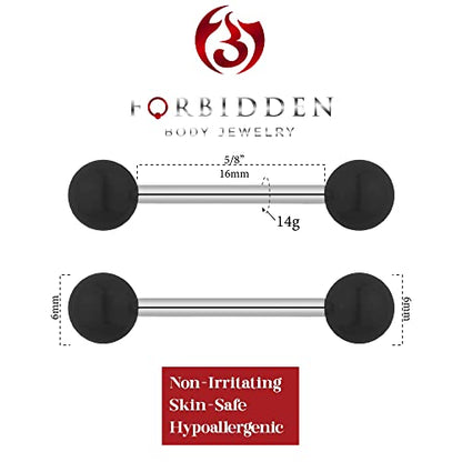 Forbidden Body Jewelry 14g 16mm (5/8 Inch) Hypoallergenic Titanium Double Ball Nipple & Tongue Ring Barbells - style: Black