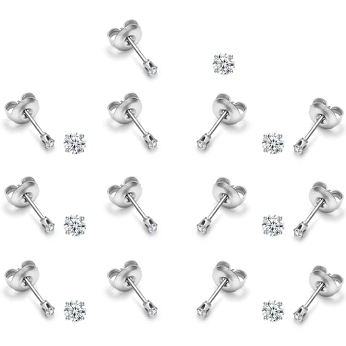 316L Stainless Steel Stud Set for Women Men, 20G Hypoallergenic Cartilage Jewelry with 2mm–8mm CZ Zirconia, Silver & Gold for Sensitive Ear Piercing - color: Silver