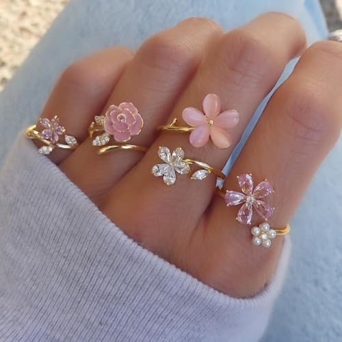 Gold Stackable Ring Set for Women, Dainty Fashion Rings Set with Pearl, Crystal, Heart, Bow and Wave Design, Trendy Midi Finger Rings Jewelry Gift - color: A2