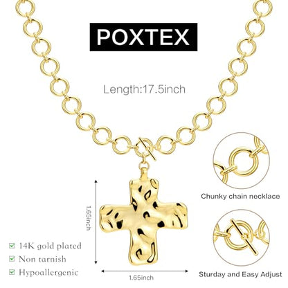 Poxtex Cross Necklace for Women Teen Girls, Dainty 14K Gold Silver Plated Cross Choker Jewelry Non Tarnish Waterproof Cute Simple Small Necklace Christian Baptism Religious Faith Jewelry Gifts - color: 09 chunky gold cross necklace