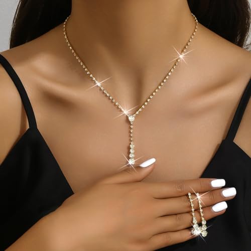 Bride Silver Bridal Necklace Earrings Set Crystal Wedding Jewelry Set Rhinestone Choker Necklace for Women and Brides - color: B Gold