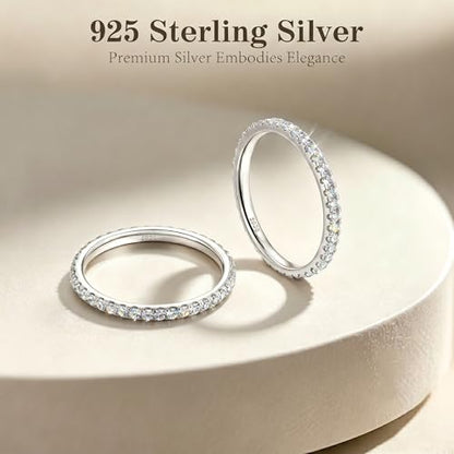 2mm 925 Sterling Silver Rings Gold Engagement Wedding Bands Eternity Cubic Zirconia Simulated Diamond 2pairs Stackable Ring for Women Size 5-10 - color: Silver