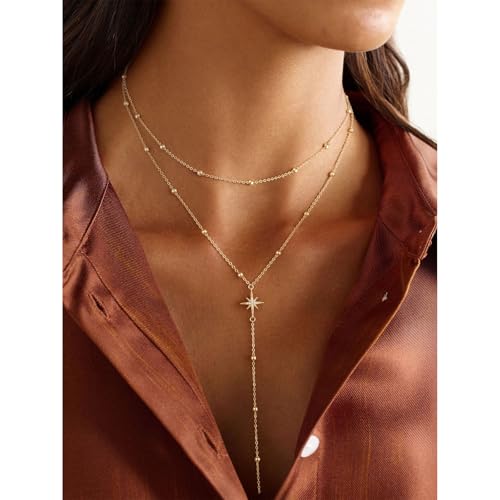 Lariat Gold Necklace for Women, 14K Gold Plated Dainty Drop Y Necklace, Waterproof Non Tarnish Long Layered Beaded Chain Lariat Necklace Prom Jewelry Summer Vacation Gift for Her - color: Gold-5