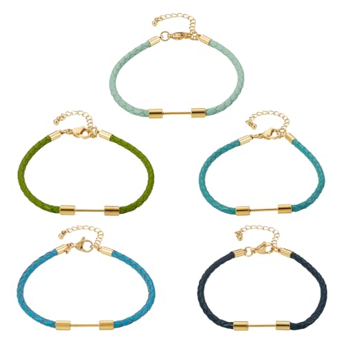 5Pcs Round Braided Imitation Leather Cord Bracelet Making, Blue Cyan Adjustable Braided Rope Bracelet Faux Leather Wristbands Cords with Beadable Bar for DIY Craft Jewelry Making