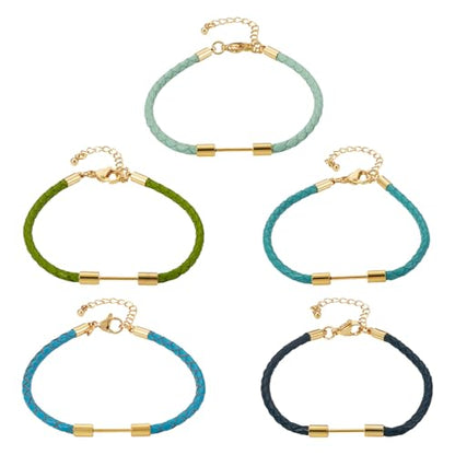 5Pcs Round Braided Imitation Leather Cord Bracelet Making, Blue Cyan Adjustable Braided Rope Bracelet Faux Leather Wristbands Cords with Beadable Bar for DIY Craft Jewelry Making