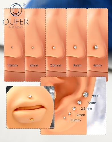OUFER 2Pcs 20G/18G/16G G23 Titanium Threadless Nose Stud Earrings Flat Back Tiny CZ Small Nose Helix Cartilage Tragus Conch Labret Medusa Monroe Piercing Jewelry for Women Men - color: Gold, size: 2pcs, 16g 5.5mm, 2.5mm cz