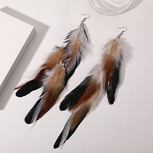 Bohemian Long Feather Earrings for Women Handmade Natural Dangle Tassel Jewelry - color: Style G