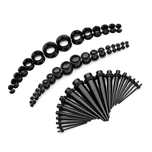 50-Piece Ear Gauges Stretching Kit, 14G-00G | Acrylic tapers and plugs with soft silicone tunnels, body piercing jewelry for women and men - color: Black 1