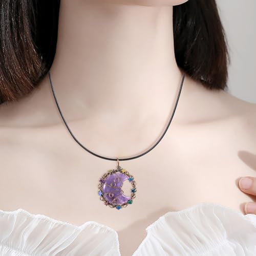 TUMBEELLUWA Crescent Moon Star Crystal Necklace for Women Men | Copper Wire Wrapped Crystal Necklace, Reiki Healing Crystals Necklace, Adjustable Waxed Cord, Celestial Whimsygoth Jewelry