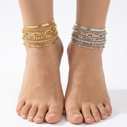 12Pcs Ankle Bracelets for Women Layered Waterproof, Gold/Silver Cuban Link Chain Anklets Set, Adjustable Plus Size Summer Jewelry Gift
