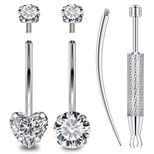 Long & Extra Long Bar Belly Button Ring Internal Thread Hypoallergenic Surgical Stainless Steel 14mm 16mm 14 Gauge Navel Rings Cubic Zirconia Buuton Body Piercing Jewelry for Women Men - color: Silver-Tone 14mm