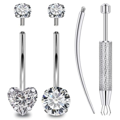 Long & Extra Long Bar Belly Button Ring Internal Thread Hypoallergenic Surgical Stainless Steel 14mm 16mm 14 Gauge Navel Rings Cubic Zirconia Buuton Body Piercing Jewelry for Women Men - color: Silver-Tone 14mm