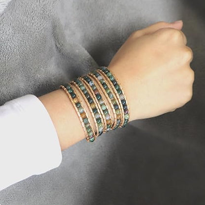 YGLINE Natural Stone Wrap Bracelet for Women Boho Bracelets Healing Crystal Beaded Bracelet Adjustable 3/5 Wraps Bracelet Handmade Birthday Gifts for Women - color: Agate(5 wraps)