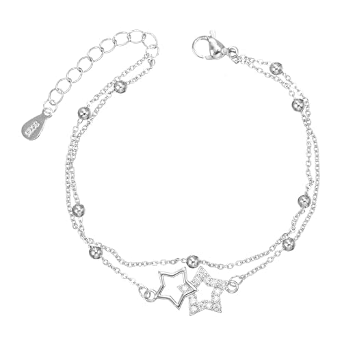 kelistom 925 Sterling Silver Bracelets for Women Teens, Love Heart Charm Chain Bracelet Bangle Fashion Jewelry Gifts - color: Double star-white