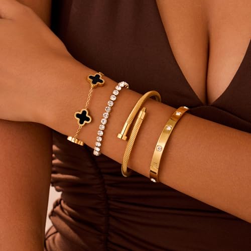 18K Gold Plated Bangle Bracelets Stack for Women,Four Leaf Clover Stackable Bracelets Non Tarnish,4 Pcs Jewelry sets Gifts - color: Black