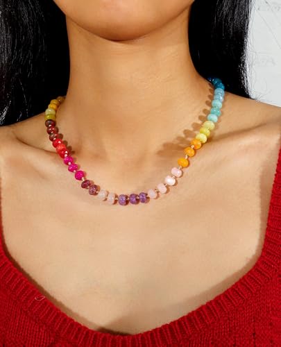 Gemstone Beaded Necklace for Women Colorful Natural Stone Freshwater Pearl Surfer Beach Rainbow Necklace Jewelry Gift - color: colorful -03