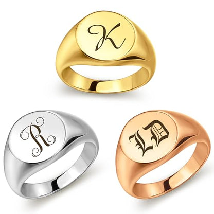 Anavia Personalized Initial Signet Ring, Customized Letter Laser Engraved Stainless Steel Gold Glossy Finish Round Signet Band Ring, Wedding Engagement Promise Ring for Women Men - color: Silver, size: US 12