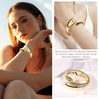 18K Gold Plated Wide Chunky Gold Cuff Bracelets for Women Chunky Bangle Bracelets Waterdrop Oval Irregular Trendy Wrist Wrap Bracelets Open Minimalist Thick Gold Wrist Cuff Bracelets - style: 18K Gold-A