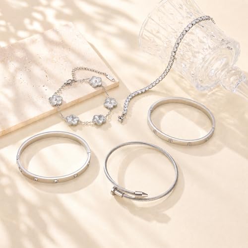 18K Gold Plated Love Bangle Bracelet Stack for Women, Adjustable Clover Bracelet & CZ Tennis Chain Set, Stackable Layered Jewelry, Fade Resistant, Long-Lasting Luster for Daily Wear & Gift - color: 5Pcs Silver