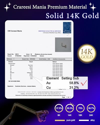 14K Real Gold Nose Studs 20G Nose Rings Studs L Shaped Nose Rings for Women Men Diamond CZ Nose Piercing - color: Yellow Gold-Round PKCZ