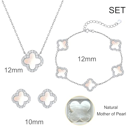 925 Sterling Silver Four Leaf Clover Bracelet – Real Silver Lucky Clover Jewelry for Women, Dainty Good Luck Gift for Her - color: Rhodium Plated – Mother-of-Pearl Set