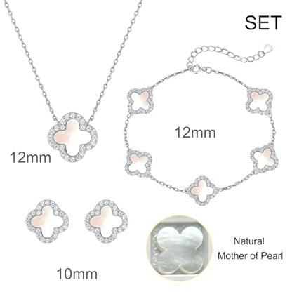 925 Sterling Silver Four Leaf Clover Bracelet – Real Silver Lucky Clover Jewelry for Women, Dainty Good Luck Gift for Her - color: Rhodium Plated – Mother-of-Pearl Set