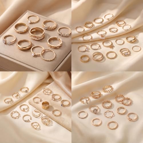 42-Piece Gold Tone Stackable Ring Set for Women, Boho Minimalist Stacking Rings with Crystal & Heart Accents, Adjustable Open Band Jewelry for Daily Wear - style: ZH00101