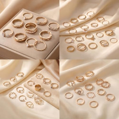 42-Piece Gold Tone Stackable Ring Set for Women, Boho Minimalist Stacking Rings with Crystal & Heart Accents, Adjustable Open Band Jewelry for Daily Wear - style: ZH00101