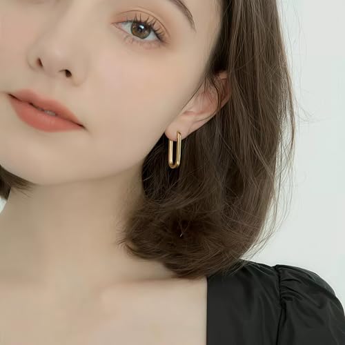 Silver/14K Gold-Plated Women's Hoop Earrings – Hypoallergenic Rectangle Geometric Mini Hoops, Minimalist Everyday Gift - color: Gold