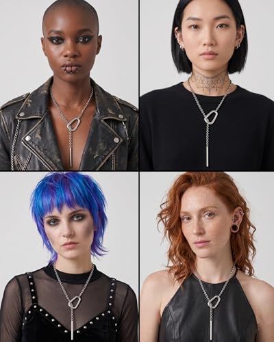 Chunky Long Silver Y Necklaces for Women Stainless Steel Slip Chain Lariat Drop Necklace Punk Minimalist Statement Jewelry Gift