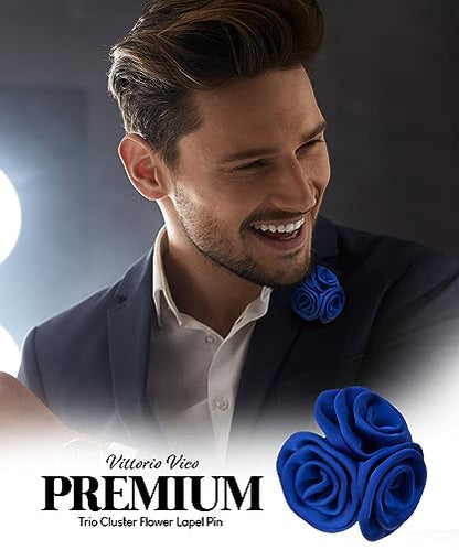 Premium Trio Cluster Flower Lapel Pin - Formal Boutonniere for Men, Flower Brooch Pin - color: Royal