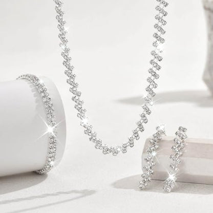 Rhinestone Bridal Wedding Jewelry Sets Silver Necklace Earrings Bracelet Set Prom Formal Costume Jewelry Set for Women and Brides - color: Silver